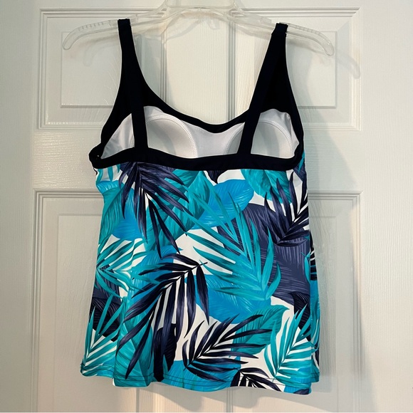 Navy and Teal Tropical Swimwear Halter Top Palm Leaf With Navy Blue Trim Size L - Picture 3 of 12
